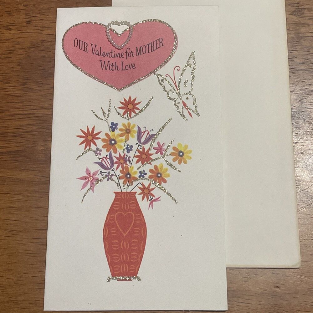 VTG Valentine Mom Flowers Butterflies Card Rust Craft Gold Glitter Pearls